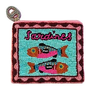 Vintage Inspired Sardines in Tin Can Coin Purse, Beaded Bag Fish Sea Life